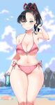  1girl arm_up armpits bikini black_hair blue_eyes blurry blurry_background bow breasts cleavage curvy earrings hair_bun highres jewelry kenron_toqueen large_breasts looking_at_viewer marnie_(pokemon) navel pink_bikini pink_swimsuit pokemon pokemon_(creature) pokemon_(game) pokemon_swsh red_ribbon ribbon signature sky slowpoke smile solo_focus standing stomach swimsuit thighs 