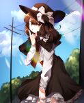  1girl absurdres black_headwear brown_eyes brown_hair cable cloud eyebrows_visible_through_hair hat highres joonyorigami looking_at_viewer open_mouth pointing pointing_up ribbon sky solo touhou tree usami_renko utility_pole 