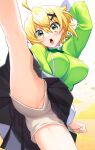  1girl ahoge akatsuki_kirika blonde_hair breasts brown_shorts chinese_clothes fighting_stance flexible green_eyes hair_ornament high_kick highres kicking leg_lift leg_up looking_at_viewer medium_breasts panties panty_peek senki_zesshou_symphogear short_hair shorts simple_background skirt solo split standing standing_on_one_leg standing_split underwear upskirt wada_chiyon white_background white_panties x_hair_ornament 