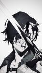  1boy bakushi_(kaeritai0609) blood blood_on_face fate/grand_order fate_(series) greyscale holding holding_sword holding_weapon jacket looking_at_viewer male_focus mandricardo_(fate) monochrome nosebleed portrait short_hair simple_background solo sword weapon white_background 