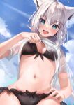  1girl absurdres ahoge animal_ears bangs blush breasts clothes_lift eyebrows_visible_through_hair fang fox_ears highres hololive long_hair looking_at_viewer navel open_mouth see-through see-through_shirt shirakami_fubuki shirt_lift skin_fang small_breasts smile solo swimsuit uechin_ewokaku virtual_youtuber wet 