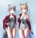  2girls animal_ear_fluff animal_ears arm_at_side ass_visible_through_thighs bangs beleven black_hair breasts brown_hair cat_ears cat_girl cat_tail cleavage closed_mouth collarbone colored_inner_hair competition_swimsuit expressionless extra_ears eyebrows_visible_through_hair fox_ears fox_girl fox_tail full-length_zipper grey_hair groin hand_on_hip hand_up highres jacket jacket_on_shoulders kemono_friends light_brown_hair long_sleeves looking_at_viewer medium_breasts medium_hair multicolored_hair multiple_girls off_shoulder one-piece_swimsuit open_clothes open_jacket paid_reward_available pallas&#039;s_cat_(kemono_friends) parted_bangs side-by-side sidelocks small_breasts spotted_hair stopwatch stopwatch_around_neck striped_tail swimsuit tail thigh_gap tibetan_fox_(kemono_friends) tile_wall tiles track_jacket tsurime undressing unzipped watch white_hair yellow_eyes zipper zipper_pull_tab 