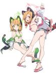  2girls arm_up armpits ass barefoot_sandals bikini blonde_hair blue_archive bow breasts cat_ear_headphones from_behind full_body green_bikini green_bow green_eyes grey_shorts hair_bow halo headphones highres jacket looking_at_viewer midori_(blue_archive) momoi_(blue_archive) multiple_girls navel nemo_(leafnight) open_mouth pink_bikini red_bow red_eyes sandals short_hair short_shorts shorts siblings simple_background sisters sitting small_breasts smile standing swimsuit tail toes twins white_background white_jacket 