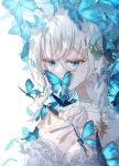 1girl absurdres bangs blue_butterfly blue_eyes breasts bug butterfly cleavage collarbone covering_mouth floral_print flower frills hair_between_eyes highres large_breasts long_hair nekozuki_yuki original pointy_ears solo white_background white_flower white_hair 