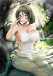  1girl black_hair blush breasts cleavage closed_mouth collarbone commentary_request glasses green-framed_eyewear grey_eyes highres kantai_collection kirishima_(kancolle) large_breasts md5_mismatch naked_towel onsen partial_commentary partially_submerged rock short_hair smile solo towel tree water yunamaro 