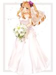 1girl ao_no_kanata_no_four_rhythm artist_name bangs bare_arms bare_shoulders blonde_hair blush bouquet breasts bridal_veil brown_eyes commission dress eyebrows_visible_through_hair flower hair_flower hair_ornament hair_ribbon highres holding holding_bouquet holding_flower instagram_logo long_hair looking_at_viewer open_mouth puppypaww purple_flower ribbon satouin_reiko simple_background sleeveless sleeveless_dress smile solo star_(symbol) star_in_eye symbol_in_eye twitter_logo veil wedding_dress white_background white_dress white_flower 