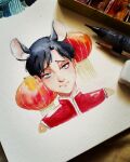  1boy absurdres animal_ears chinese_clothes chinese_zodiac highres kemonomimi_mode killing_stalking lantern male_focus mouse_ears painting_(medium) portrait rat_boy sleeveless sophroniahaven straight-on traditional_media watercolor_(medium) year_of_the_rat yoon_bum 