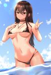  1girl absurdres bangs bikini black_bikini black_choker breasts brown_hair choker clyde_s cross cross_necklace day eyebrows_behind_hair hair_between_eyes highres jewelry large_breasts long_hair navel necklace solo stomach swimsuit wading water 