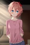  1girl arms_behind_back blue_eyes bow denim denim_shorts doki_doki_literature_club hair_bow highres indoors light_rays looking_at_viewer onyang pink_hair pink_shirt red_bow sayori_(doki_doki_literature_club) shirt short_hair shorts solo sunbeam sunlight 