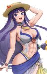  1girl :d abs altina blue_eyes blush bracelet breasts cleavage collarbone commentary fire_emblem fire_emblem:_radiant_dawn fire_emblem_heroes gonzarez grey_swimsuit hat highres jewelry large_breasts long_hair looking_at_viewer navel official_alternate_costume one-piece_swimsuit purple_hair sarong smile solo swimsuit white_background 