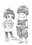  1boy 1girl artist_name black_hair boots commentary_request dragon_ball dragon_ball_super dragon_ball_super_super_hero dragon_ball_z father_and_daughter happy looking_to_the_side monochrome pan_(dragon_ball) shirt short_hair signature simple_background sketch smile son_gohan standing time_paradox white_background yabuki_kentarou younger 