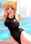  1girl :d ahoge armpits arms_behind_head black_swimsuit blonde_hair blue_eyes blurry blurry_background breasts commentary_request competition_swimsuit hachimiya_meguru idolmaster idolmaster_shiny_colors large_breasts long_hair looking_at_viewer one-piece_swimsuit open_mouth pool shohei_(piranha5hk) smile solo swimsuit wet 