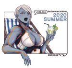  1girl alternate_hair_color alternate_hair_length alternate_hairstyle beach_chair border breasts cleavage cocktail cocktail_glass cup dated drinking_glass drinking_straw english_commentary female_seth_(street_fighter) grey_hair hair_over_one_eye hershuar holding holding_cup large_breasts looking_at_viewer metal_skin muscular muscular_female official_alternate_costume open_mouth orange_eyes orb outside_border purple_lips reclining seth_(street_fighter) short_hair solo street_fighter street_fighter_v undercut white_border yin_yang yin_yang_orb 