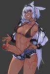  1girl animal_ears belt bikini black_bikini blue_eyes body_markings breasts caenis_(fate) collarbone commentary commission condom cowboy_shot cum cum_string dark-skinned_female dark_skin denim denim_shorts english_commentary erection fate/grand_order fate_(series) futanari grey_background grin hand_on_hip highres holding holding_condom huge_penis jacket jewelry large_penis long_sleeves looking_at_viewer medium_breasts navel off_shoulder penis ring short_shorts shorts simple_background smile solo swimsuit todding uncensored used_condom white_hair white_jacket 