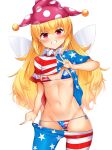  1girl american_flag_bikini american_flag_legwear ass_visible_through_thighs bikini blonde_hair breasts clothes_lift clownpiece daichi_(tokoya) fairy_wings flag_print hat highres jester_cap lifted_by_self long_hair looking_at_viewer navel neck_ruff pantyhose pink_eyes pink_headwear shirt_lift short_sleeves side-tie_bikini simple_background small_breasts smile solo star_(symbol) star_print stomach striped swimsuit touhou white_background wings 