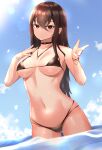  1girl bangs bikini black_bikini black_choker breasts brown_hair choker clyde_s cross cross_necklace day eyebrows_behind_hair hair_between_eyes highres jewelry large_breasts long_hair md5_mismatch navel necklace resolution_mismatch solo source_larger stomach swimsuit wading water 