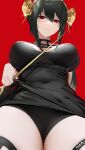  1girl black_hair breasts clothes_lift covered_navel dress dress_lift flower hair_flower hair_ornament highres large_breasts legs_together looking_at_viewer needle omone_hokoma_agm red_eyes skirt skirt_lift spy_x_family thigh_strap thighs under_skirt yor_briar 