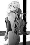  1girl ass bare_arms bare_legs bare_shoulders beach closed_mouth competition_swimsuit cowboy_shot eyebrows_visible_through_hair greyscale highres kantai_collection lips mole mole_under_eye mole_under_mouth monochrome ocean one-piece_swimsuit richelieu_(kancolle) shingyou_(alexander-13) solo swimsuit 