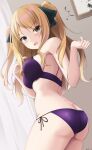  1girl ao_no_kanata_no_four_rhythm bangs black_ribbon blonde_hair blush bra breasts brown_eyes dimples_of_venus eyebrows_visible_through_hair hair_ribbon highres keenh large_breasts long_hair looking_at_viewer open_mouth panties purple_bra purple_panties ribbon satouin_reiko side-tie_panties solo surprised underwear underwear_only 