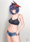  1girl bangs bare_arms bare_shoulders blue_hair blue_shorts blush breasts cleavage closed_mouth collarbone cowboy_shot denim denim_shorts eyebrows_visible_through_hair genshin_impact gradient gradient_background head_tilt highres kujou_sara large_breasts mask mask_on_head micro_shorts midriff navel short_hair shorts smile solo sweat thighs wei_xiao yellow_eyes 