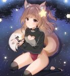  1girl animal_ear_fluff animal_ears annytf black_gloves black_legwear black_sweater breasts brown_eyes brown_hair cleavage cleavage_cutout clothing_cutout commission fingerless_gloves fox_ears fox_girl fox_tail gloves groin hair_ornament highleg highleg_leotard indie_virtual_youtuber leotard leotard_under_clothes long_hair looking_up night night_sky no_pants red_leotard reflection side_ponytail sitting skeb_commission sky solo star_(sky) star_(symbol) star_hair_ornament starry_sky sweater tail thighhighs thighs toeless_legwear umeyuki virtual_youtuber water 