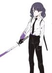  1girl bangs black_gloves black_hair black_pants blood blood_stain fukumaru_koito gloves highres idolmaster idolmaster_shiny_colors ka3ann katana long_sleeves looking_at_viewer medium_hair pants purple_blood purple_eyes solo swept_bangs sword twintails weapon white_background 