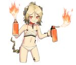  1girl arknights bandages bikini blonde_hair blush chest_sarashi choker collarbone cropped_legs eyebrows_visible_through_hair fire flame grin hair_between_eyes horns ifrit_(arknights) ifrit_(sunburn)_(arknights) kamihine looking_at_viewer navel official_alternate_costume orange_choker orange_eyes oripathy_lesion_(arknights) sarashi short_hair simple_background smile solo standing stomach swimsuit tail white_background white_bikini 