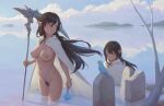  2girls bigrbear bird black_hair black_pubic_hair breasts brown_eyes closed_mouth commentary_request elf female_pubic_hair flower highres holding holding_flower holding_scythe large_breasts long_hair looking_at_another multiple_girls navel nipples original outdoors partially_submerged pointy_ears pubic_hair scythe water 