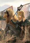  1girl absurdres animal_ears arknights bangs bare_shoulders blonde_hair chain-link_fence commentary_request fence green_jacket grey_pants highres jacket knee_up lion lion_ears long_hair long_sleeves natsuba002 off_shoulder open_clothes open_jacket pants partial_commentary siege_(arknights) siege_(legacy)_(arknights) sitting solo yellow_eyes 
