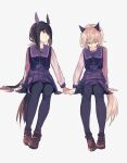  2girls admire_vega_(umamusume) animal_ears brown_footwear brown_hair closed_eyes closed_mouth curren_chan_(umamusume) full_body grey_background grey_hair highres holding_hands horse_ears horse_girl horse_tail invisible_chair long_hair long_sleeves looking_at_another low_ponytail marumarukin multiple_girls purple_legwear purple_shirt purple_skirt sailor_collar school_uniform shirt shoes short_hair simple_background sitting skirt smile tail thighhighs tracen_school_uniform umamusume 