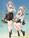  1girl animal_ears bag bangs basket black_legwear black_skirt blush braid breasts brown_footwear cleavage cow_ears cow_horns cow_tail food fruit gotou_(nekocat) green_eyes grey_hair grey_sweater hololive horns invisible_chair large_breasts long_hair long_sleeves looking_at_viewer multiple_views official_art open_mouth plaid plaid_skirt shirogane_noel shoes shoulder_bag sitting skirt smile socks standing sweater tail virtual_youtuber 