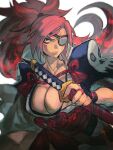  1girl baiken big_hair breasts cleavage eyepatch facial_tattoo guilty_gear guilty_gear_strive highres japanese_clothes katana kimono large_breasts long_hair looking_at_viewer one-eyed open_clothes open_kimono pink_hair ponytail scar scar_across_eye scar_on_face simple_background solo sword tattoo weapon yohane_shimizu 