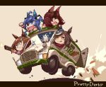  4girls ahoge animal_ears blue_hair blush_stickers brown_hair bullet_hole carrot chibi driving dust_cloud english_text firing glasses ground_vehicle gun hat horse_ears ikuno_dictus_(umamusume) jacket letterboxed matikane_tannhauser_(umamusume) motor_vehicle multiple_girls muzzle_flash nice_nature_(umamusume) open_mouth pixel_art red_jacket sharp_teeth shotgun smile take2uchi teeth tongue tongue_out track_jacket twin_turbo_(umamusume) twintails umamusume van weapon 