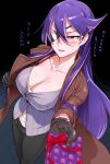  1girl blush breasts cleavage commentary_request eyepatch gift highres hizaki_chikage jacket large_breasts long_hair looking_at_viewer one_eye_covered purple_eyes purple_hair satou_shouji smile solo standing translation_request triage_x valentine 