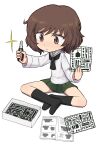  1girl :&lt; akiyama_yukari black_legwear black_neckerchief brown_eyes brown_hair chibi closed_mouth commentary eyebrows_visible_through_hair full_body girls_und_panzer green_skirt hayake_(chenran) highres holding holding_pliers indian_style instruction_manual kneehighs long_sleeves model_kit neckerchief no_shoes ooarai_school_uniform pleated_skirt pliers sailor_collar school_uniform serafuku shirt short_hair simple_background sitting skirt solo sparkle sprue v-shaped_eyebrows white_background white_shirt 