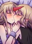  2girls amagumo bangs black_shirt blonde_hair blush chain closed_eyes closed_mouth commentary_request cuffs horns hoshiguma_yuugi long_hair mizuhashi_parsee multiple_girls partial_commentary pointy_ears red_horns shirt short_hair single_horn sleeveless sleeveless_shirt smile touhou upper_body yuri 