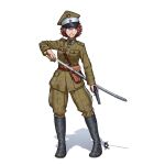  1girl absurdres boots breast_pocket brown_hair cavalry drawing_sword green_eyes gun handgun hat highres holding holding_sword holding_weapon holster knee_boots leather_belt military military_uniform original ostwindprojekt pants pistol pocket poland shaded_face solo sword tomboy uniform wavy_mouth weapon white_background 