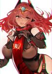  1girl alternate_costume bangs breasts chest_jewel cosplay highres large_breasts poppi_(xenoblade) poppi_qtpi_(xenoblade) poppi_qtpi_(xenoblade)_(cosplay) pyra_(xenoblade) red_eyes red_hair scarf short_hair simple_background solo swept_bangs tarbo_(exxxpiation) white_background xenoblade_chronicles_(series) xenoblade_chronicles_2 