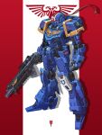  adeptus_astartes armor bolter commentary english_commentary full_body gun gundam highres holding holding_gun holding_weapon imperium_of_man mecha mobile_suit no_humans pauldrons primaris_space_marine robot shoulder_armor skull solo ultramarines warhammer_40k weapon zhanghan 