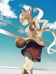  1girl absurdres armpits bangs basket basketball basketball_jersey blue_sky bow chain-link_fence cloud cropped_legs dribbling_(basketball) fence fujiwara_no_mokou furrowed_brow grey_hair hair_bow highres holding holding_basket kneehighs naufaldreamer open_mouth outdoors playing_sports red_eyes red_shorts running shirt shorts sidelocks sky sleeveless smile solo sportswear sweat teeth touhou white_bow white_hair white_shirt 