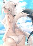  1girl :3 absurdres ahoge animal_ear_fluff animal_ears aqua_eyes ass ass_focus bangs beach bikini blue_sky blush braid breasts butt_crack closed_mouth cloud cloudy_sky cowboy_shot day earrings extra_ears eyebrows_visible_through_hair fox_ears fox_girl fox_tail from_behind hair_between_eyes halterneck highres hololive jewelry long_hair looking_at_viewer looking_back low_ponytail matudo_yuu ocean outdoors pentagram shirakami_fubuki sideboob single_earring sky solo swimsuit tail tail_raised very_long_hair virtual_youtuber water wet white_bikini white_hair 