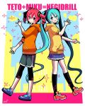  2girls :d ahoge bangs blue_eyes blue_hair blush character_name city commentary drill_hair english_text hair_ornament hand_up hatsune_miku hood hoodie horns_pose index_finger_raised kasane_teto kneehighs legwear_under_shorts long_hair looking_at_viewer medium_hair multiple_girls np_eny outstretched_arm pink_eyes pink_hair pleated_skirt shoes short_sleeves shorts skirt sleeves_past_elbows smile sneakers socks sparkle standing standing_on_one_leg twin_drills twintails utau very_long_hair vocaloid 