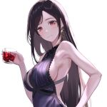  1girl armpit_crease asymmetrical_bangs bangs black_hair breasts crescent crescent_earrings cup dress earrings final_fantasy final_fantasy_vii final_fantasy_vii_remake highres holding holding_cup jewelry large_breasts light_smile long_hair looking_at_viewer official_alternate_costume purple_dress red_eyes sideboob sleeveless sleeveless_dress solo tifa_lockhart tifa_lockhart&#039;s_refined_dress tooku0 unfinished upper_body 