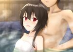  1boy 1girl :d bath blush breasts brown_hair collarbone commentary fence front_to_back head_out_of_frame hetero highres kono_subarashii_sekai_ni_shukufuku_wo! kuronuketaiyo light_blush looking_back megumin naked_towel onsen open_mouth parted_lips partially_immersed satou_kazuma short_hair short_hair_with_long_locks small_breasts smile steam stone sweat sweatdrop towel upper_body wet wet_hair wooden_fence 
