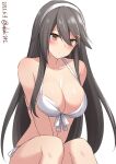  1girl akahi242 arms_between_legs bangs bikini blush breasts cleavage closed_mouth dated grey_hair hair_between_eyes hair_ornament hairband hairclip haruna_(kancolle) highres kantai_collection large_breasts long_hair one-hour_drawing_challenge orange_eyes simple_background sitting solo swimsuit twitter_username very_long_hair white_background white_bikini white_hairband 