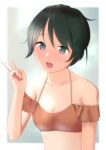  1girl bangs bikini black_hair blush breasts cleavage commentary_request eyebrows_visible_through_hair hair_between_eyes highres kantai_collection looking_at_viewer mogami_(kancolle) open_mouth orange_bikini sakieko short_hair simple_background small_breasts solo swimsuit upper_body v 