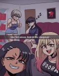  4girls among_us black_hair blonde_hair bookshelf clothes_writing crewmate_(among_us) dark-skinned_female dark_skin english_text fang grey_hair highres ijiranaide_nagatoro-san indoors kitagawa_marin komi-san_wa_komyushou_desu komi_shouko long_hair meme multiple_girls nagatoro_hayase pajamas pointing portrait purple_hair short_hair short_shorts shorts sleeping sleepover sleepwear smile snapchat sono_bisque_doll_wa_koi_wo_suru tank_top tape tina_fate two_soyjaks_pointing_(meme) uzaki-chan_wa_asobitai! uzaki_hana 