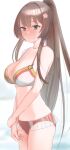  1girl bangs bikini bikini_skirt blurry blurry_background blush breasts brown_hair cleavage closed_mouth eyebrows_visible_through_hair flower hair_flower hair_ornament highres kantai_collection large_breasts long_hair looking_at_viewer pink_flower ponytail sakieko see-through sidelocks simple_background solo sweatdrop swimsuit very_long_hair yamato_(kancolle) 