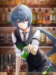  1girl :d absurdres ahoge alcohol bangs bartender black_hair black_necktie black_pants black_vest bottle collared_shirt cup drinking_glass fire flower food formal fruit grin hair_between_eyes highres holding holding_cup honkai_(series) honkai_impact_3rd knife lime_(fruit) lime_slice lloule long_hair looking_at_viewer mole mole_under_mouth necktie open_mouth pants ponytail purple_eyes raven_(honkai_impact) shirt sleeves_rolled_up smile solo table teeth vest white_shirt wine wine_bottle wine_glass yellow_flower 