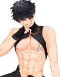 1boy abs black_hair black_pants black_tank_top blue_eyes chain chain_necklace commission forehead highres indie_virtual_youtuber jae_(vtuber) jewelry male_focus muscular muscular_male navel necklace nipples pants pinchi short_hair stomach tank_top white_background 